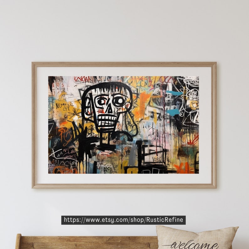 Peut inclure: Une impression encadr&eacute;e d'une peinture abstraite color&eacute;e avec une figure de cr&acirc;ne noir et blanc au centre. La peinture pr&eacute;sente une vari&eacute;t&eacute; de couleurs, notamment le jaune, l'orange, le rouge, le bleu et le vert. La figure du cr&acirc;ne est entour&eacute;e d'une vari&eacute;t&eacute; de formes et de lignes abstraites.