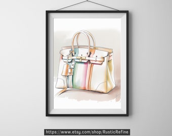 Bolso Birkin con estampado de acuarela: Ilustración de moda (Descarga digital)