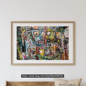 May include: A framed abstract art print featuring a colorful, multi-layered design with bold black lines and a central focus on two stylized faces. The artwork is reminiscent of graffiti art and street art.