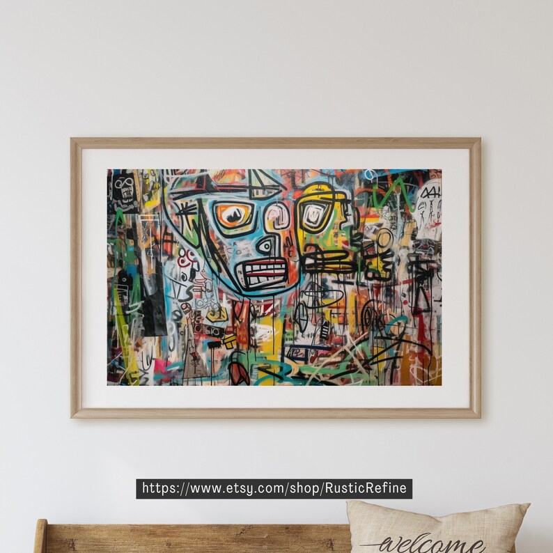 May include: A framed abstract art print featuring a colorful, multi-layered design with bold black lines and a central focus on two stylized faces. The artwork is reminiscent of graffiti art and street art.