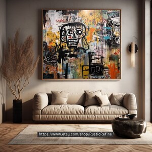 Peut inclure: Peinture abstraite avec un visage de cr&acirc;ne en noir et blanc, entour&eacute; de graffitis et de texte color&eacute;s. La peinture est encadr&eacute;e et accroch&eacute;e &agrave; un mur dans un salon.