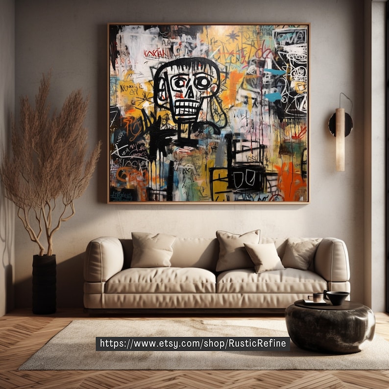 Peut inclure: Peinture abstraite avec un visage de cr&acirc;ne en noir et blanc, entour&eacute; de graffitis et de texte color&eacute;s. La peinture est encadr&eacute;e et accroch&eacute;e &agrave; un mur dans un salon.