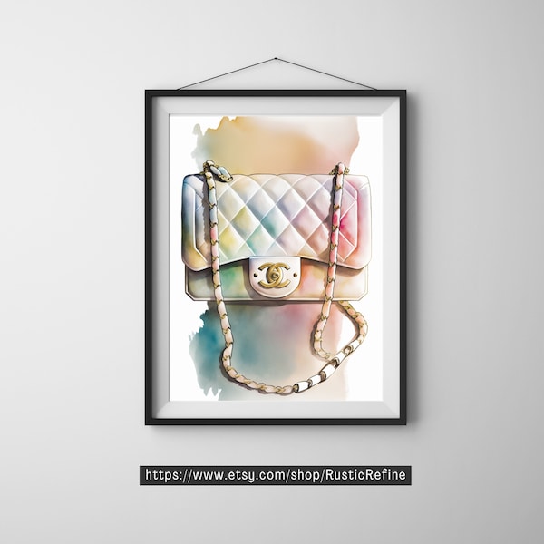 CHANEL Bag Illustration Digital Print in Watercolor Style, Instant Download, Digital Art Print.