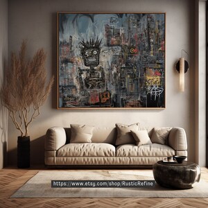 Puede incluir: Una pintura abstracta en blanco y negro con una figura que parece un robot en el centro. La pintura est&aacute; sobre lienzo y tiene una superficie texturizada. La pintura est&aacute; enmarcada en un marco negro.