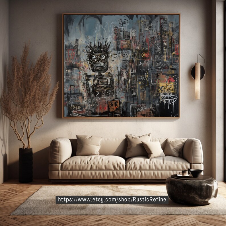 Puede incluir: Una pintura abstracta en blanco y negro con una figura que parece un robot en el centro. La pintura est&aacute; sobre lienzo y tiene una superficie texturizada. La pintura est&aacute; enmarcada en un marco negro.