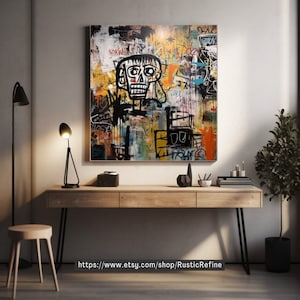 Peut inclure: Une grande peinture abstraite avec un visage de cr&acirc;ne noir et blanc au centre. La peinture est sur un mur au-dessus d'un bureau en bois avec des pieds en m&eacute;tal noir. Il y a deux lampes sur le bureau et une plante en pot sur le c&ocirc;t&eacute; droit de l'image. Le texte "https://www.etsy.com/shop/RusticRefine" est en bas de l'image.