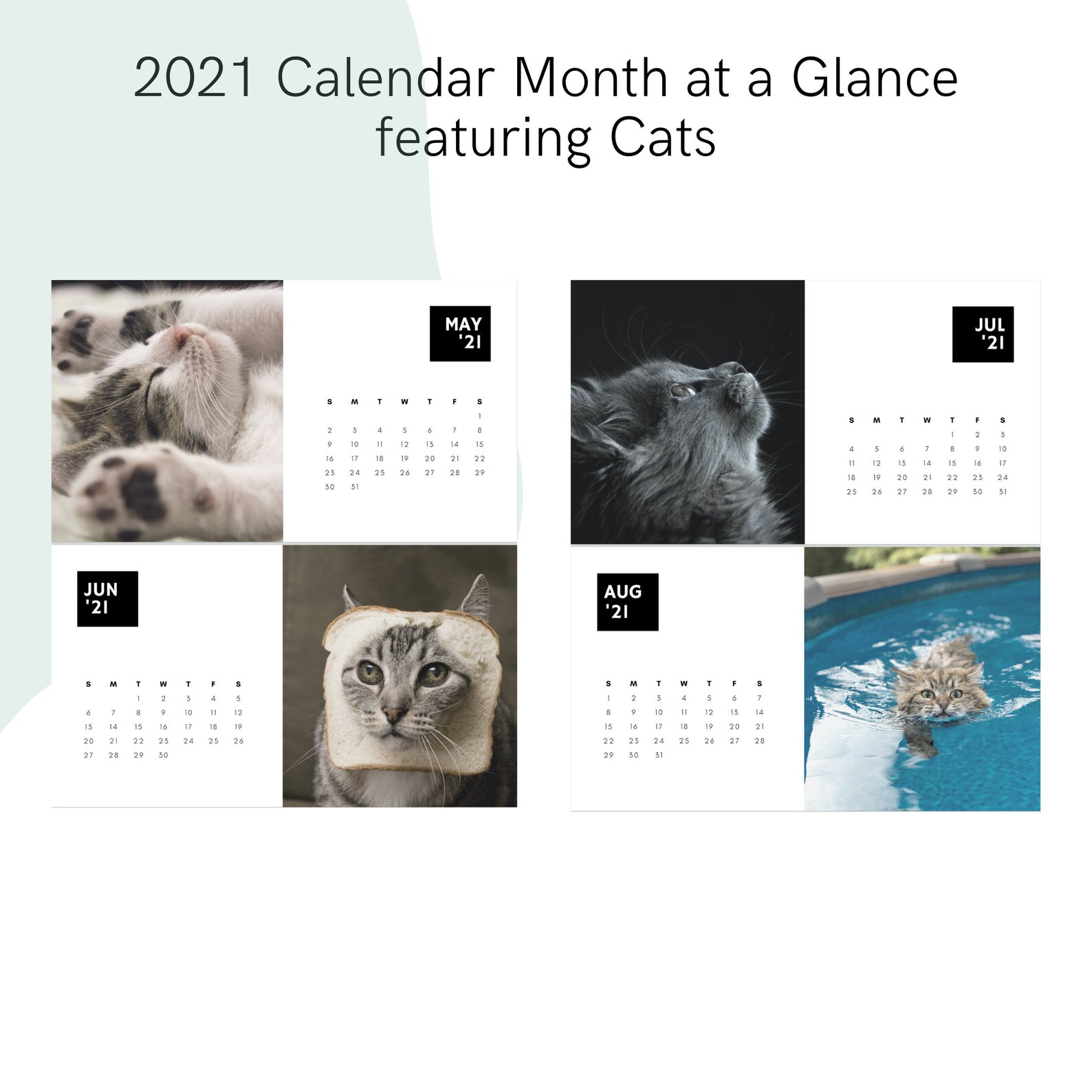 2021 Calendar Printable with Cats Yearly Calendar 2021 Month Etsy
