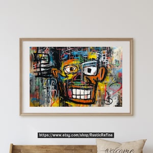 Op de afbeelding: Een kleurrijk abstract schilderij van een gezicht met een brede glimlach. Het gezicht is geschilderd in tinten geel, oranje, rood, blauw, groen en zwart. De achtergrond is een chaotische mix van kleuren en lijnen.