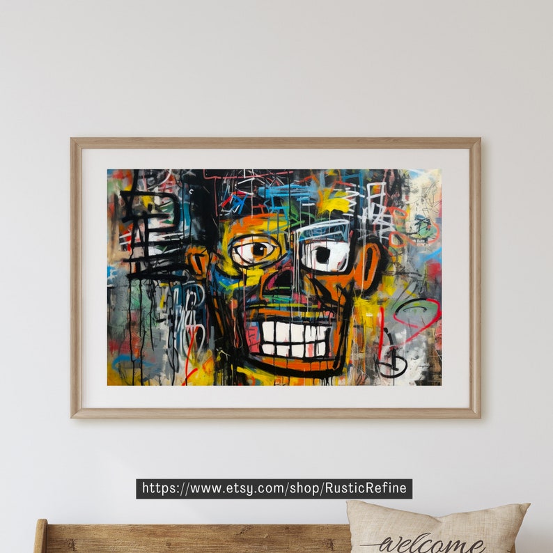 Op de afbeelding: Een kleurrijk abstract schilderij van een gezicht met een brede glimlach. Het gezicht is geschilderd in tinten geel, oranje, rood, blauw, groen en zwart. De achtergrond is een chaotische mix van kleuren en lijnen.