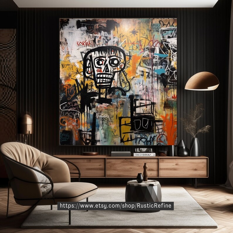 Peut inclure: Peinture abstraite avec une figure de cr&acirc;ne noir et blanc au centre. L'arri&egrave;re-plan est un m&eacute;lange color&eacute; de jaune, orange, bleu, vert et rose avec des lignes et des gribouillis noirs. La peinture est encadr&eacute;e et accroch&eacute;e &agrave; un mur noir.