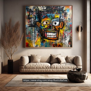 Op de afbeelding: Abstracte schilderij van een gezicht met een kleurrijke achtergrond. Het gezicht is geschilderd in zwart, wit, geel, oranje en rood. De achtergrond is een mix van kleuren, waaronder blauw, groen en paars. Het schilderij is ingelijst in een houten lijst.