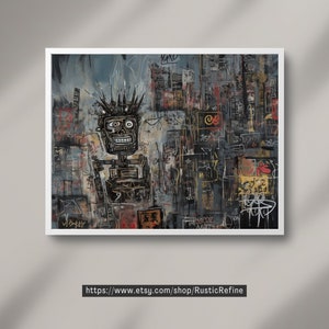 Puede incluir: Una pintura abstracta en blanco y negro con una figura de tipo caricatura en el centro. La figura tiene una gran sonrisa y una corona de p&uacute;as. El fondo est&aacute; lleno de garabatos y texto parecido a graffiti.