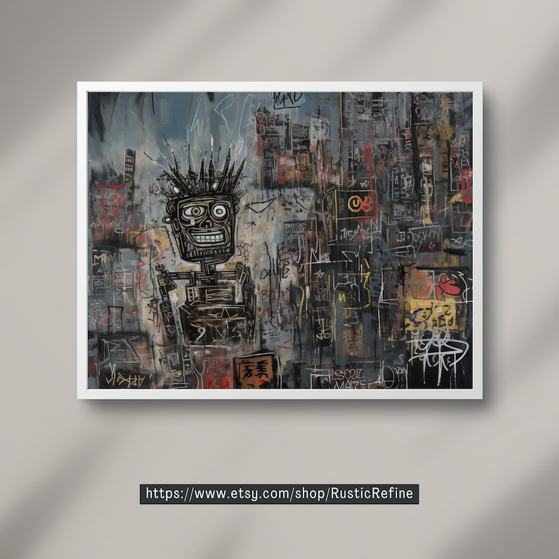 Puede incluir: Una pintura abstracta en blanco y negro con una figura de tipo caricatura en el centro. La figura tiene una gran sonrisa y una corona de p&uacute;as. El fondo est&aacute; lleno de garabatos y texto parecido a graffiti.