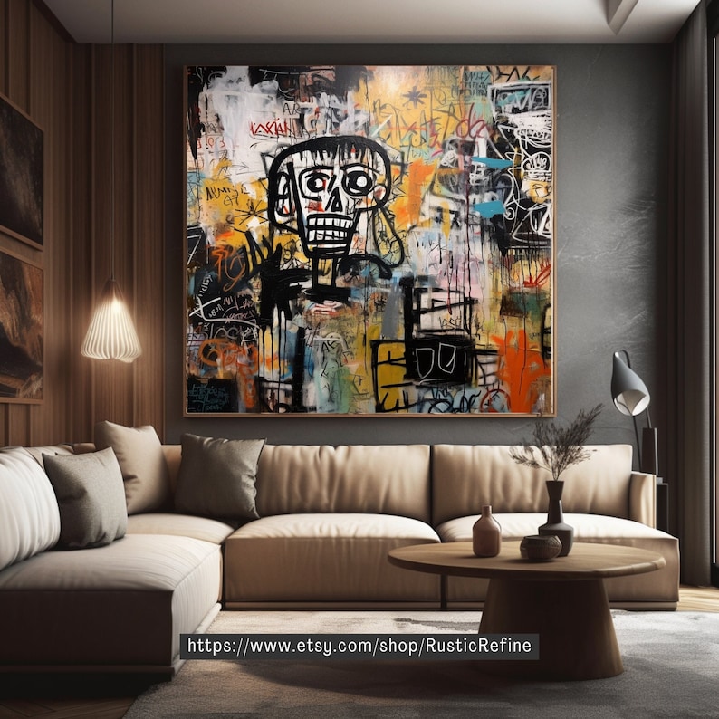 Peut inclure: Impression d'art abstrait avec un fond color&eacute; et textur&eacute; et une figure de cr&acirc;ne noir et blanc au centre. L'impression est encadr&eacute;e et accroch&eacute;e &agrave; un mur dans un salon moderne.