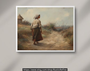 Impresión de paisaje vintage: Mujer caminando por el campo (descarga digital)