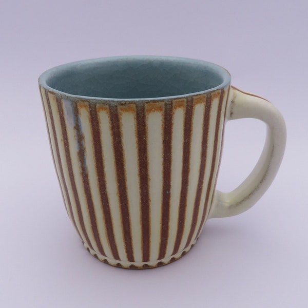 White Striped Ceramic Mug with Sky Blue Interior