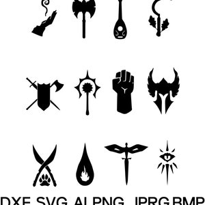 Könnte beinhalten: Schwarz-weiße Symbole, die verschiedene Klassen in einem Rollenspiel darstellen. Die Symbole beinhalten eine Hand mit einem magischen Symbol, eine Axt, eine Laute, eine Sichel, einen Schild und gekreuzte Schwerter, eine Keule, eine Faust, einen Helm mit Flügeln, gekreuzte Dolche, eine Träne mit einer Flamme, einen Dolch mit Flügeln und ein Auge mit einem Lichtstrahl.