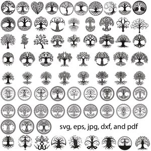 May include: A set of 50 black and white tree of life illustrations in various styles. The illustrations include circular, heart-shaped, and tree-like designs. The text "svg, eps, jpg, dxf, and pdf" is at the bottom of the image.