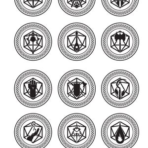 May include: Twelve black and white circular icons with a Celtic knot border. Each icon features a different symbol inside a black d20 die. The symbols include a sword, a lute, an axe, a fist, a shield, a hook, a hand, an eye, and a flame.