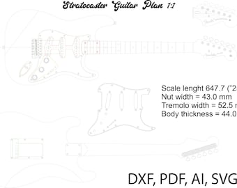 Stratocaster electric guitar PLANS to make this guitar - digital download in pdf, ai, dfx and svg formats