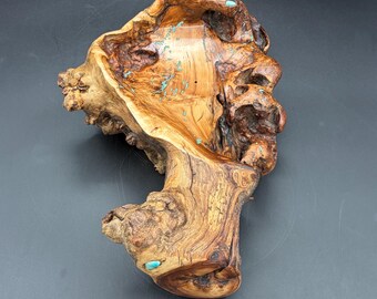 Curly Burl bowl w/Amazonite Stone and Turquoise Inlay Authentic Cherokee  Made