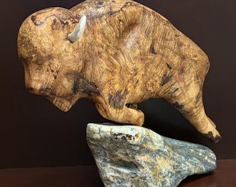 Award Winning Bison Sculpture, Mango Burl Wood; Authentic Cherokee  Made