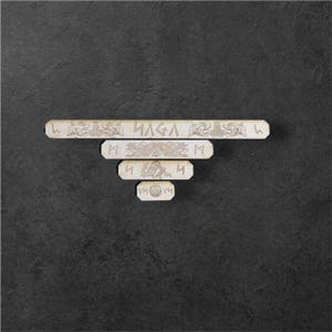 May include: A set of five wooden runes with intricate carvings. The runes are arranged in a pyramid shape with the largest rune at the top. The top rune reads "LAGAL".
