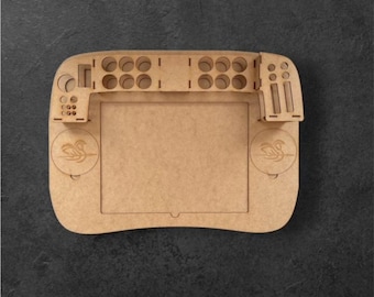 May include: A wooden desk organizer with a built-in tray for pens and pencils, a compartment for a tablet or laptop, and a row of small holes for holding paint tubes or other art supplies.