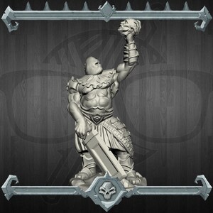 May include: A gray, detailed miniature figurine of a muscular figure holding a severed head in one hand and a large sword in the other. The figure is wearing armor and a kilt.