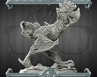 May include: A detailed grey miniature sculpture of a mythical creature resembling a bird with a long beak and sharp claws. The creature is standing on a rocky base.