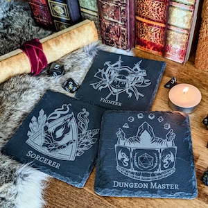 D&D Class Etched Slate Drink Coasters | Dungeons and Dragons Custom Coaster Set | Gift for your party or Dungeon Master | Nerd Game Gift