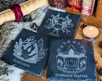 D&D Class Etched Slate Drink Coasters | Dungeons and Dragons Custom Coaster Set | Gift for your party or Dungeon Master | Nerd Game Gift