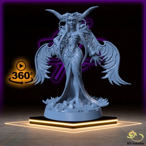 May include: A grey 3D printed figurine of a female figure with wings, horns, and a flowing gown. The figure is standing on a circular base with a textured surface. The figurine is set against a purple background with a 360 degree symbol.