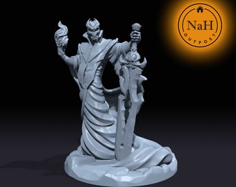 May include: A gray 3D printed miniature of a demon figure holding a flaming torch and a sword. The demon is wearing a flowing robe and has a skull-like mask.
