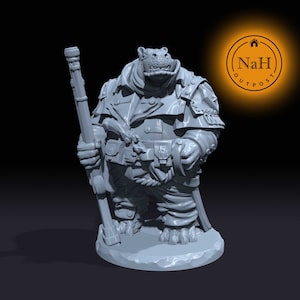 May include: A gray 3D printed miniature of a hippopotamus wearing a military uniform and holding a rifle. The miniature is standing on a round base.