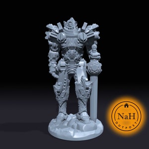 May include: A gray 3D printed miniature of a humanoid figure wearing detailed armor and holding a sword. The figure stands on a circular base with a rocky texture.