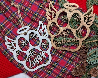 Memorial Pet Christmas Ornament | Angel Snowflake Paw Print Custom Christmas Ornament | Personalized Dog or Cat Gift | In remembrance of