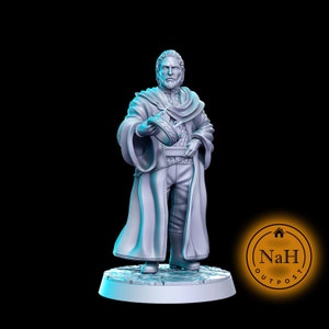 May include: A grey 3D printed miniature of a man wearing a long robe and holding a hat. The miniature is standing on a round base.