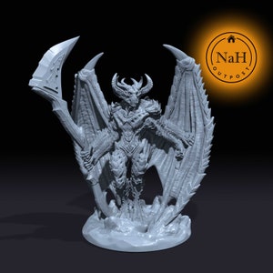 May include: A gray, detailed miniature figurine of a demon with wings, horns, and a spear. The demon is standing on a rocky base.