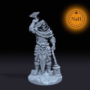 May include: A gray 3D printed miniature of a skeletal figure wearing a hooded cloak and holding a hammer. The figure is standing on a rocky base.