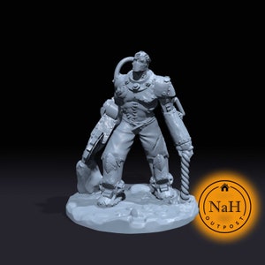 May include: A gray 3D printed miniature of a cyborg figure with a mechanical arm and leg, holding a rope. The figure is standing on a circular base with a textured surface. The miniature is part of a tabletop game or role-playing game.