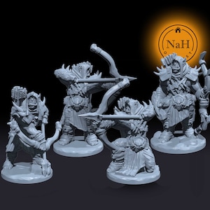 May include: Four gray plastic miniature figures of orcs, each holding a bow and arrow. The orcs are wearing armor and have a fierce expression on their faces.