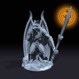May include: A gray, detailed miniature figurine of a winged humanoid creature holding a spear. The creature has a reptilian head and a muscular body. The figurine is standing on a rocky base.
