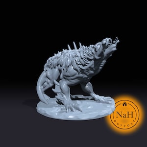 May include: A gray 3D printed miniature of a monstrous creature with sharp teeth and claws, standing on a base. The creature has a scaly, reptilian appearance and is posed in a snarling position.