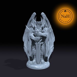 May include: A gray 3D printed miniature of an angel warrior with wings, holding a sword in front of its chest. The angel is wearing armor and a cloak.