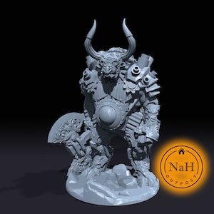 May include: A gray 3D printed miniature of a minotaur wearing intricate armor and holding a large axe. The minotaur has a bull's head and is standing on a rocky base.
