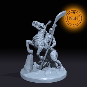 May include: A gray skeletal figure riding a skeletal horse, holding a scythe. The figure is standing on a rocky base.