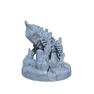 May include: A light gray, 3D-printed miniature of a fantasy creature. The monster has a detailed, textured body with sharp claws and a horned head. It is posed on a rocky, circular base, perfect for tabletop gaming or display.