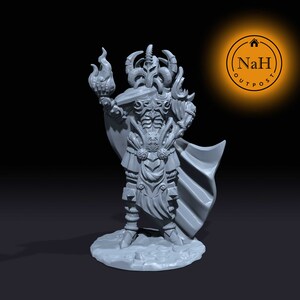 May include: A gray 3D printed miniature of a horned figure wearing armor and holding a flaming torch. The figure is standing on a rocky base.