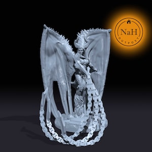 May include: A gray 3D printed miniature of a female figure with wings, horns, and a sword. She is standing on a base with chains wrapped around her legs.